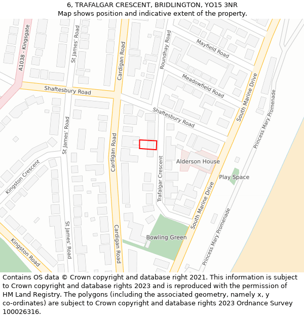 6, TRAFALGAR CRESCENT, BRIDLINGTON, YO15 3NR: Location map and indicative extent of plot