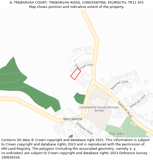 6, TREBARVAH COURT, TREBARVAH ROAD, CONSTANTINE, FALMOUTH, TR11 5FX: Location map and indicative extent of plot