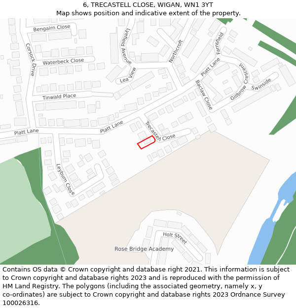 6, TRECASTELL CLOSE, WIGAN, WN1 3YT: Location map and indicative extent of plot