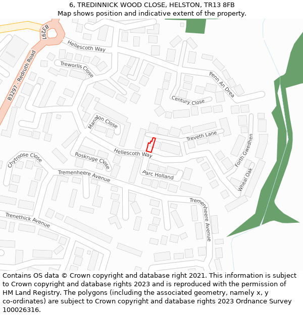 6, TREDINNICK WOOD CLOSE, HELSTON, TR13 8FB: Location map and indicative extent of plot