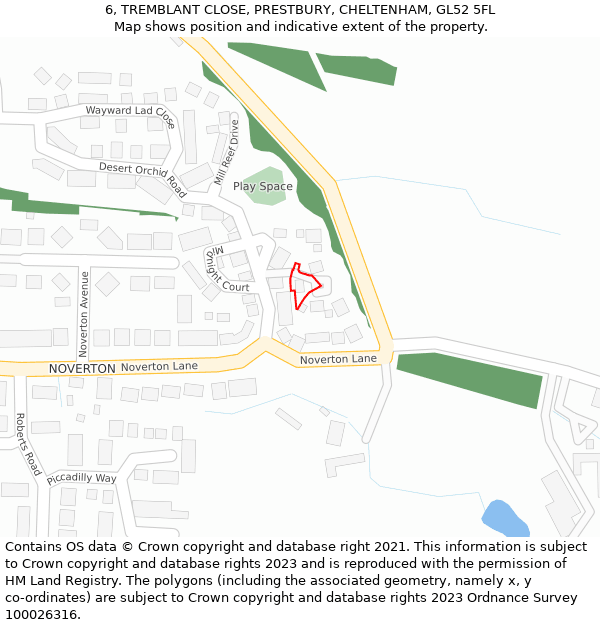 6, TREMBLANT CLOSE, PRESTBURY, CHELTENHAM, GL52 5FL: Location map and indicative extent of plot