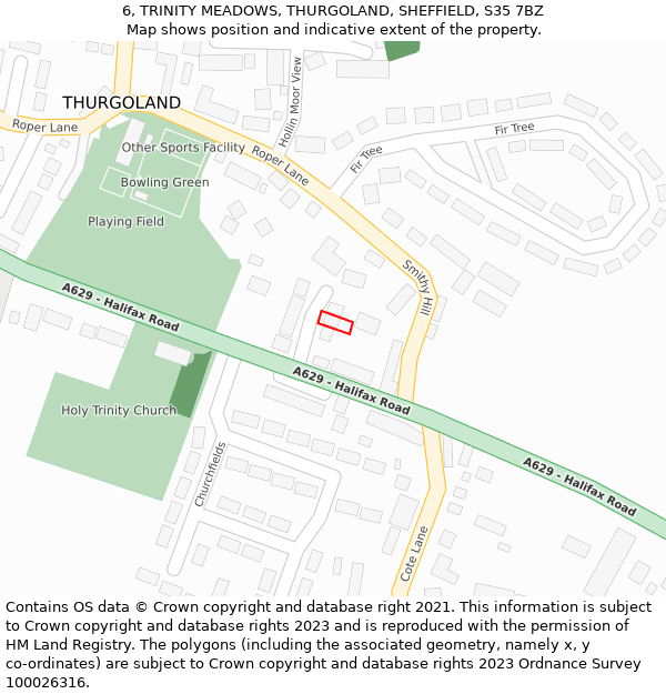 6, TRINITY MEADOWS, THURGOLAND, SHEFFIELD, S35 7BZ: Location map and indicative extent of plot