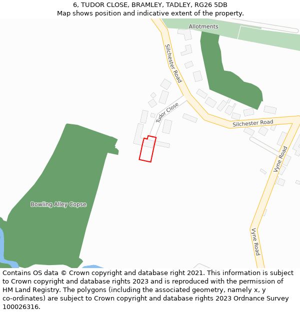 6, TUDOR CLOSE, BRAMLEY, TADLEY, RG26 5DB: Location map and indicative extent of plot