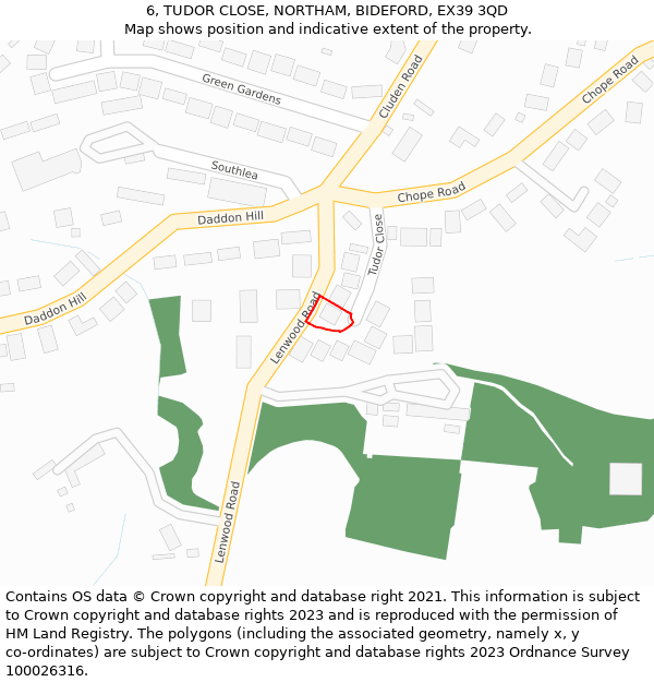 6, TUDOR CLOSE, NORTHAM, BIDEFORD, EX39 3QD: Location map and indicative extent of plot