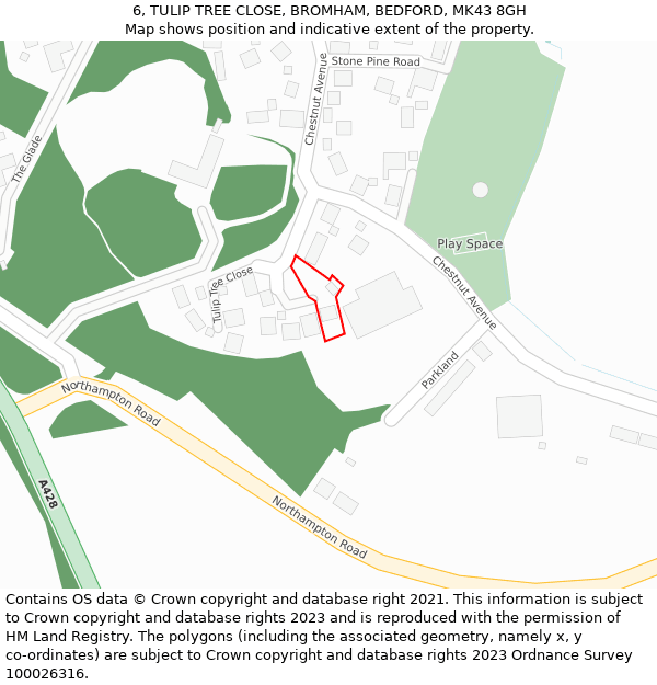 6, TULIP TREE CLOSE, BROMHAM, BEDFORD, MK43 8GH: Location map and indicative extent of plot