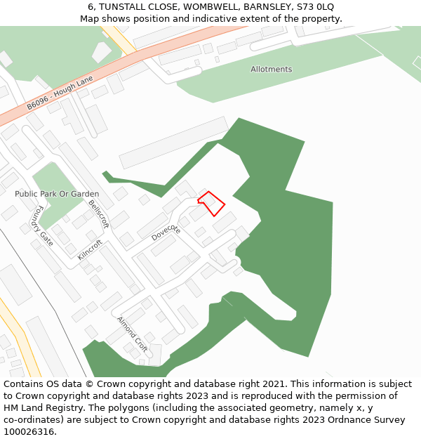 6, TUNSTALL CLOSE, WOMBWELL, BARNSLEY, S73 0LQ: Location map and indicative extent of plot