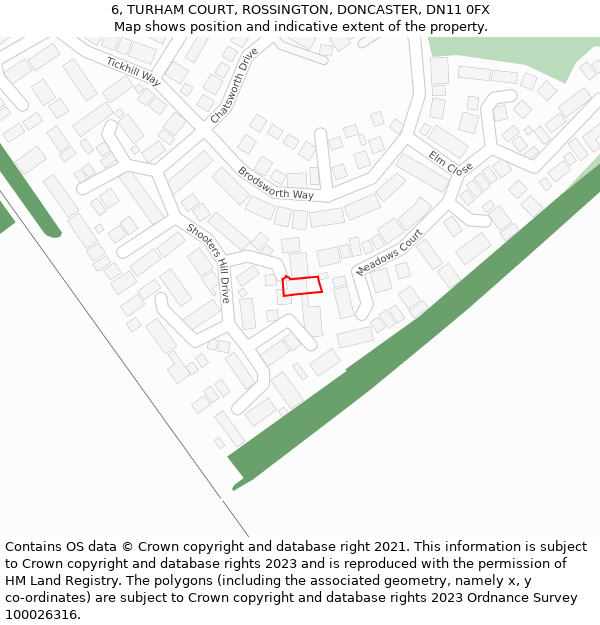 6, TURHAM COURT, ROSSINGTON, DONCASTER, DN11 0FX: Location map and indicative extent of plot