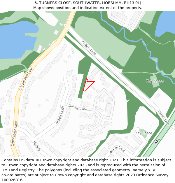 6, TURNERS CLOSE, SOUTHWATER, HORSHAM, RH13 9LJ: Location map and indicative extent of plot