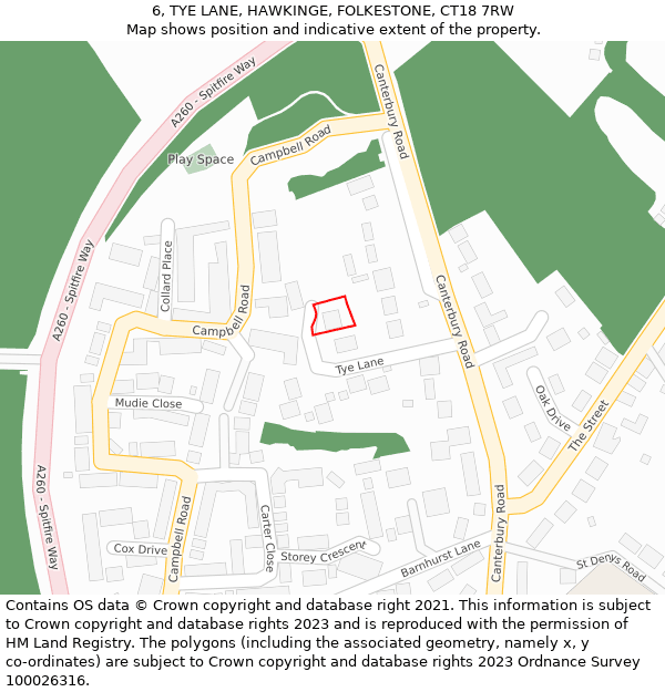 6, TYE LANE, HAWKINGE, FOLKESTONE, CT18 7RW: Location map and indicative extent of plot