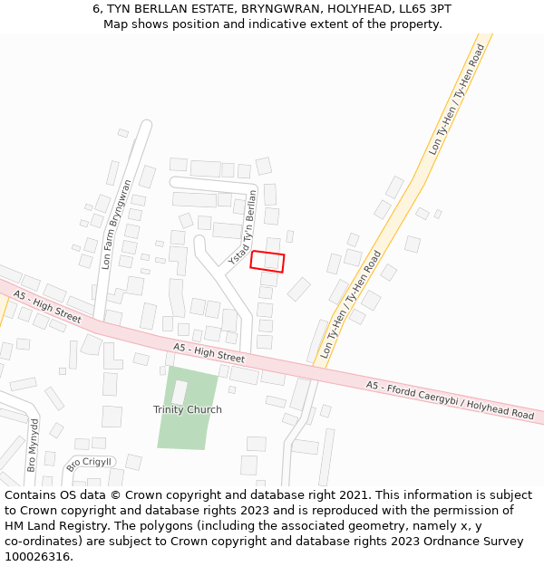 6, TYN BERLLAN ESTATE, BRYNGWRAN, HOLYHEAD, LL65 3PT: Location map and indicative extent of plot