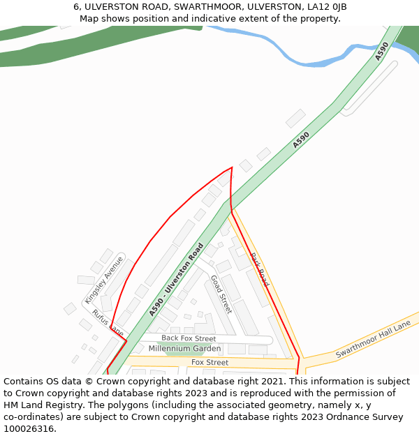 6, ULVERSTON ROAD, SWARTHMOOR, ULVERSTON, LA12 0JB: Location map and indicative extent of plot