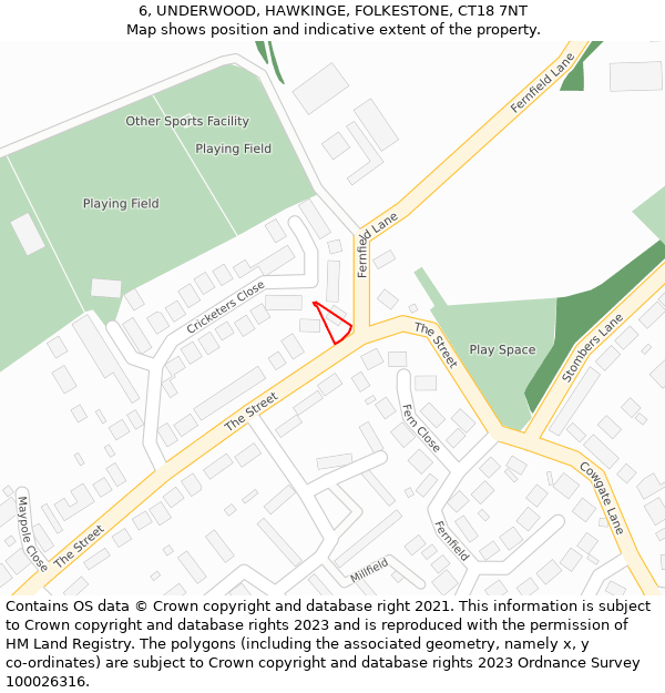 6, UNDERWOOD, HAWKINGE, FOLKESTONE, CT18 7NT: Location map and indicative extent of plot