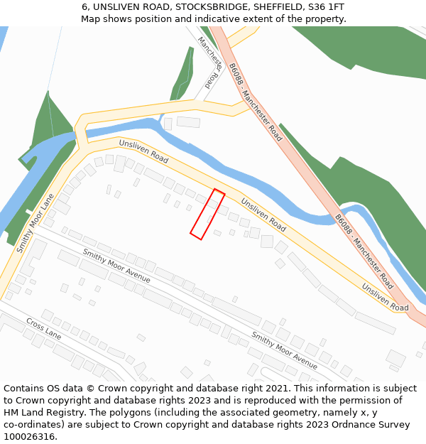 6, UNSLIVEN ROAD, STOCKSBRIDGE, SHEFFIELD, S36 1FT: Location map and indicative extent of plot