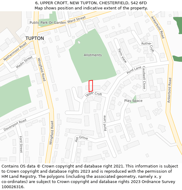 6, UPPER CROFT, NEW TUPTON, CHESTERFIELD, S42 6FD: Location map and indicative extent of plot