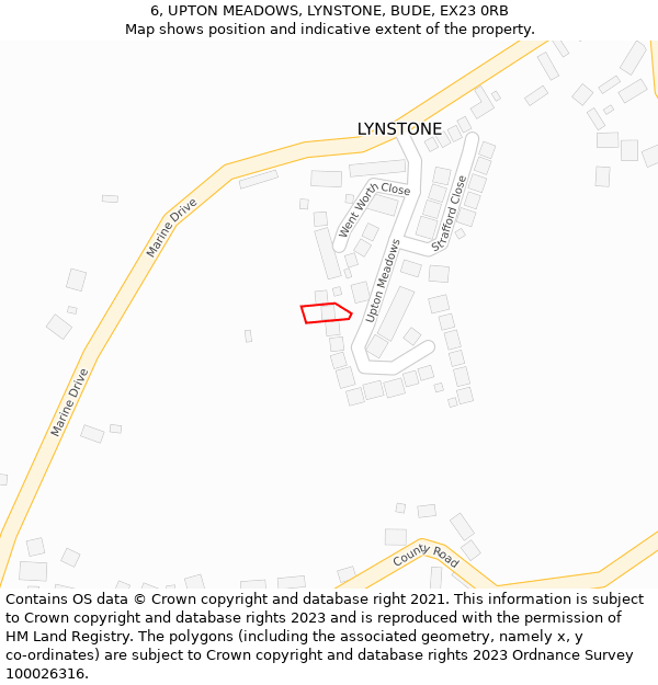 6, UPTON MEADOWS, LYNSTONE, BUDE, EX23 0RB: Location map and indicative extent of plot