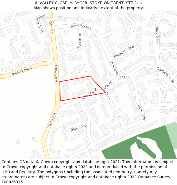 6, VALLEY CLOSE, ALSAGER, STOKE-ON-TRENT, ST7 2HU: Location map and indicative extent of plot