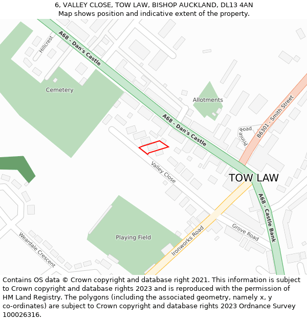 6, VALLEY CLOSE, TOW LAW, BISHOP AUCKLAND, DL13 4AN: Location map and indicative extent of plot