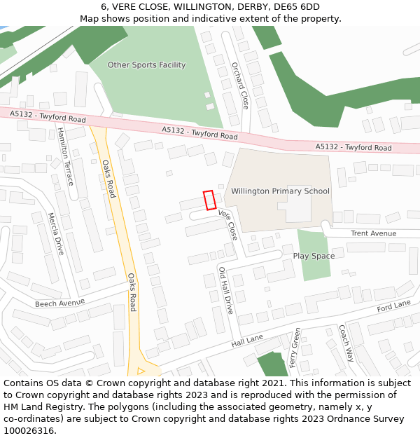 6, VERE CLOSE, WILLINGTON, DERBY, DE65 6DD: Location map and indicative extent of plot