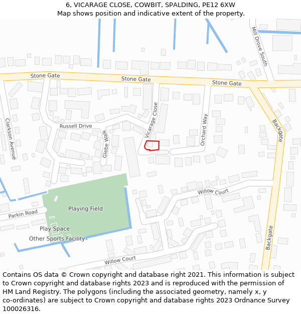 6, VICARAGE CLOSE, COWBIT, SPALDING, PE12 6XW: Location map and indicative extent of plot