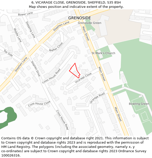 6, VICARAGE CLOSE, GRENOSIDE, SHEFFIELD, S35 8SH: Location map and indicative extent of plot