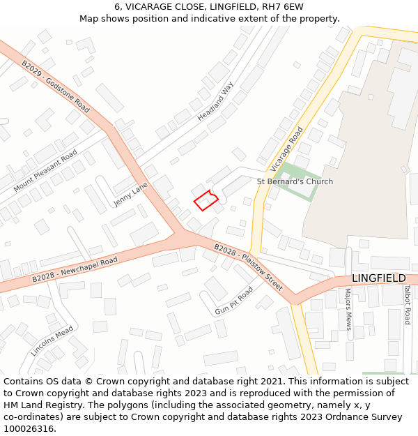 6, VICARAGE CLOSE, LINGFIELD, RH7 6EW: Location map and indicative extent of plot