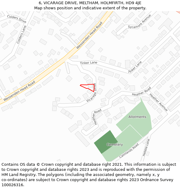 6, VICARAGE DRIVE, MELTHAM, HOLMFIRTH, HD9 4JE: Location map and indicative extent of plot