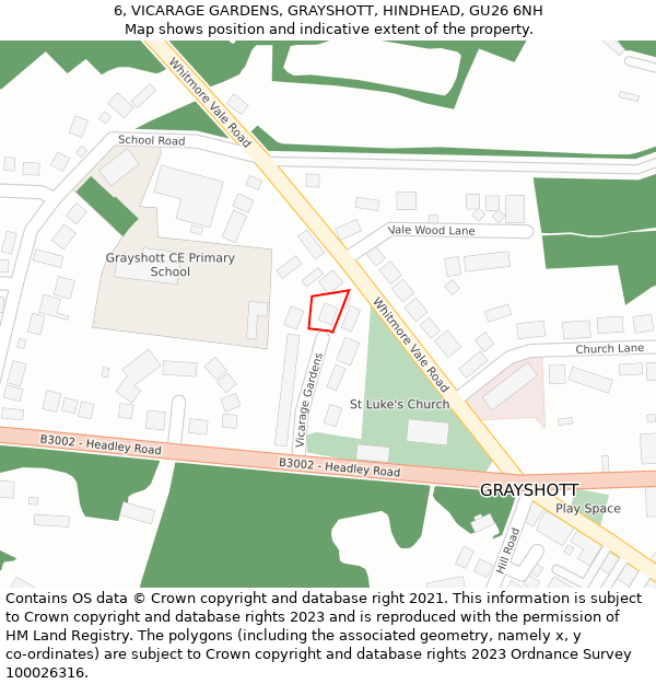 6, VICARAGE GARDENS, GRAYSHOTT, HINDHEAD, GU26 6NH: Location map and indicative extent of plot
