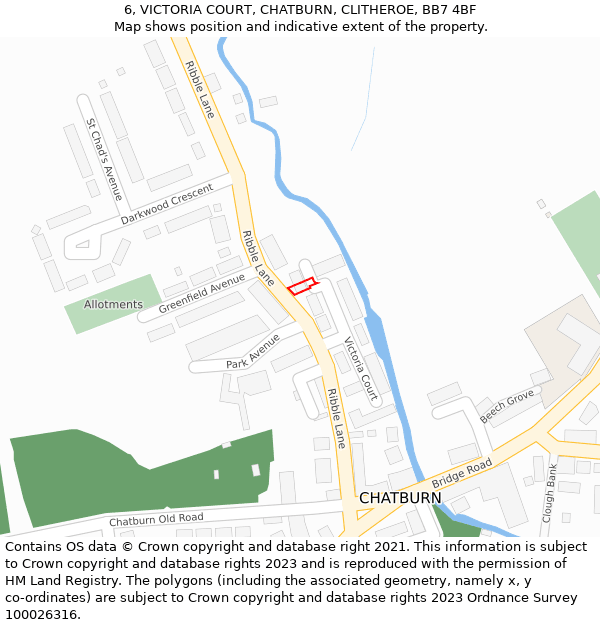6, VICTORIA COURT, CHATBURN, CLITHEROE, BB7 4BF: Location map and indicative extent of plot