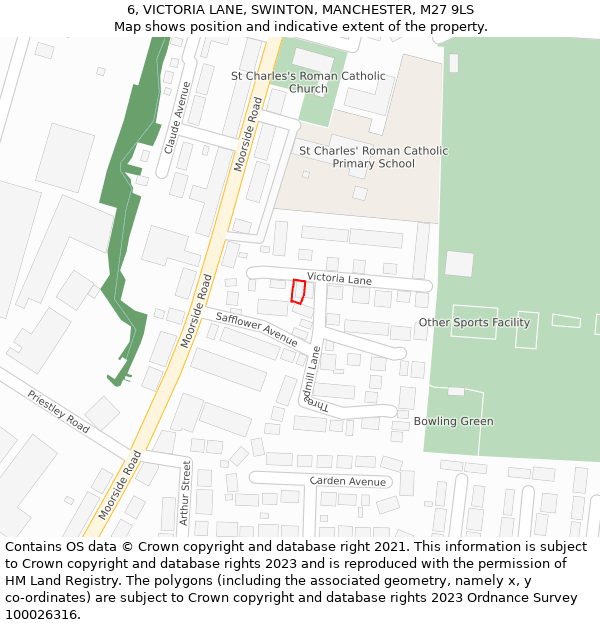 6, VICTORIA LANE, SWINTON, MANCHESTER, M27 9LS: Location map and indicative extent of plot