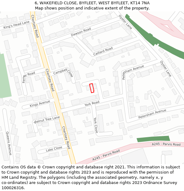 6, WAKEFIELD CLOSE, BYFLEET, WEST BYFLEET, KT14 7NA: Location map and indicative extent of plot