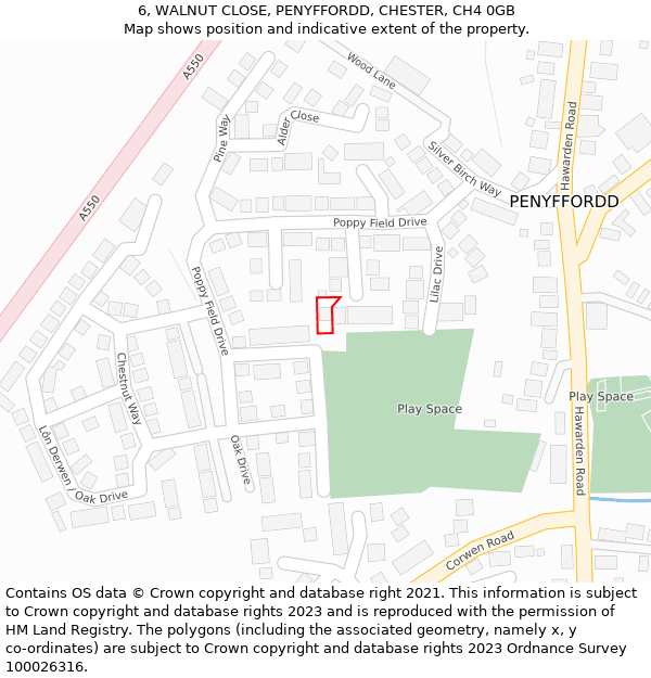 6, WALNUT CLOSE, PENYFFORDD, CHESTER, CH4 0GB: Location map and indicative extent of plot