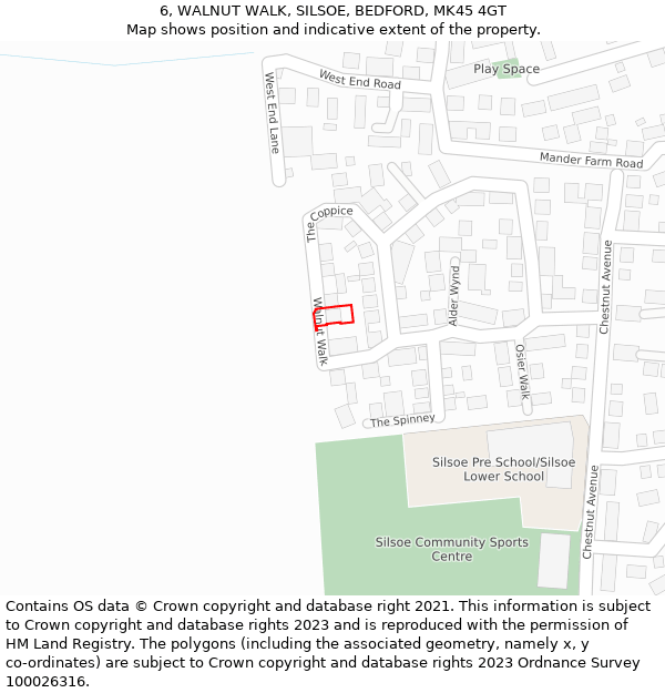 6, WALNUT WALK, SILSOE, BEDFORD, MK45 4GT: Location map and indicative extent of plot