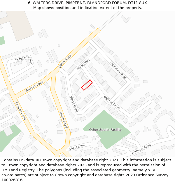 6, WALTERS DRIVE, PIMPERNE, BLANDFORD FORUM, DT11 8UX: Location map and indicative extent of plot