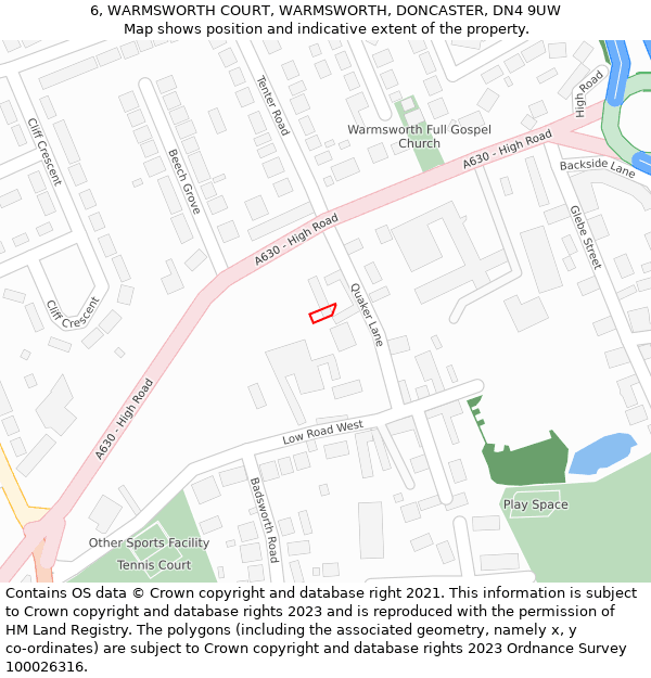 6, WARMSWORTH COURT, WARMSWORTH, DONCASTER, DN4 9UW: Location map and indicative extent of plot