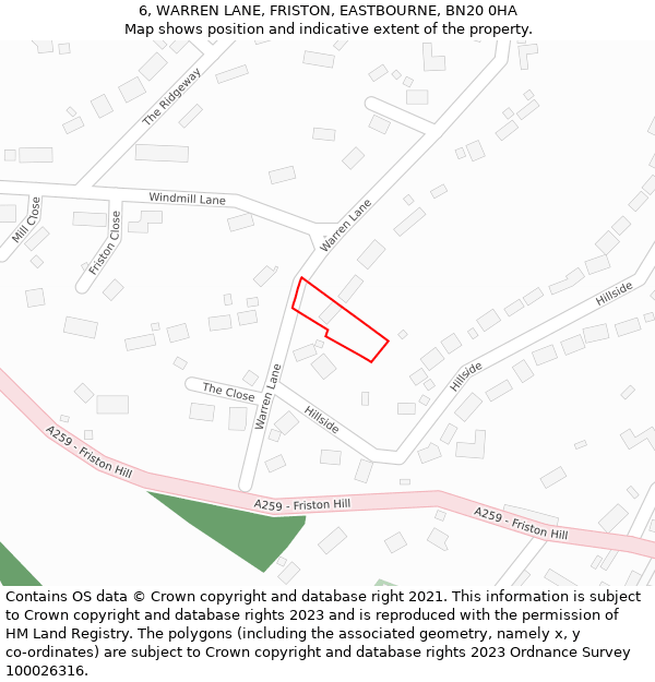 6, WARREN LANE, FRISTON, EASTBOURNE, BN20 0HA: Location map and indicative extent of plot