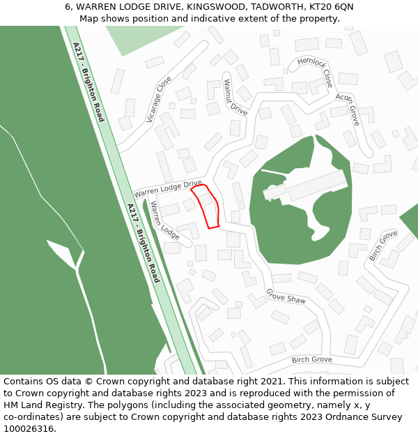 6, WARREN LODGE DRIVE, KINGSWOOD, TADWORTH, KT20 6QN: Location map and indicative extent of plot