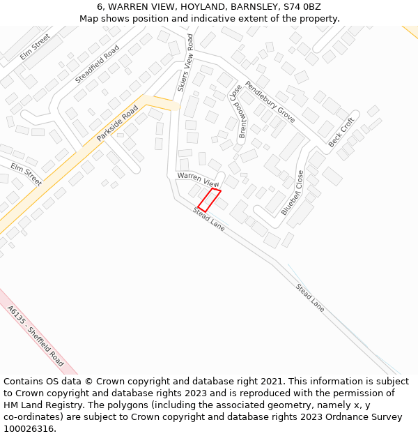 6, WARREN VIEW, HOYLAND, BARNSLEY, S74 0BZ: Location map and indicative extent of plot