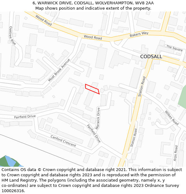 6, WARWICK DRIVE, CODSALL, WOLVERHAMPTON, WV8 2AA: Location map and indicative extent of plot