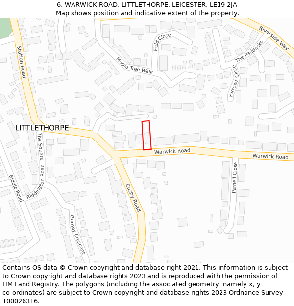 6, WARWICK ROAD, LITTLETHORPE, LEICESTER, LE19 2JA: Location map and indicative extent of plot