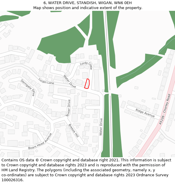 6, WATER DRIVE, STANDISH, WIGAN, WN6 0EH: Location map and indicative extent of plot