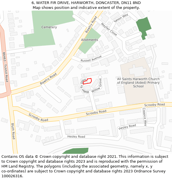 6, WATER FIR DRIVE, HARWORTH, DONCASTER, DN11 8ND: Location map and indicative extent of plot