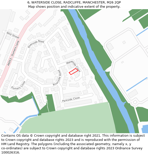 6, WATERSIDE CLOSE, RADCLIFFE, MANCHESTER, M26 2QP: Location map and indicative extent of plot