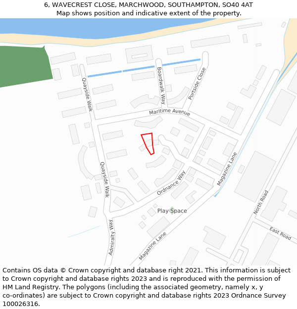 6, WAVECREST CLOSE, MARCHWOOD, SOUTHAMPTON, SO40 4AT: Location map and indicative extent of plot