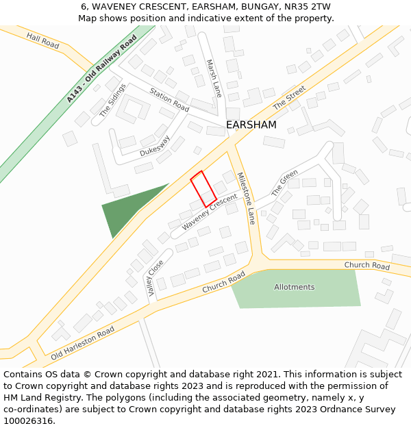 6, WAVENEY CRESCENT, EARSHAM, BUNGAY, NR35 2TW: Location map and indicative extent of plot