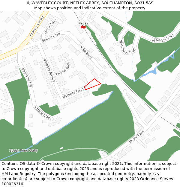 6, WAVERLEY COURT, NETLEY ABBEY, SOUTHAMPTON, SO31 5AS: Location map and indicative extent of plot