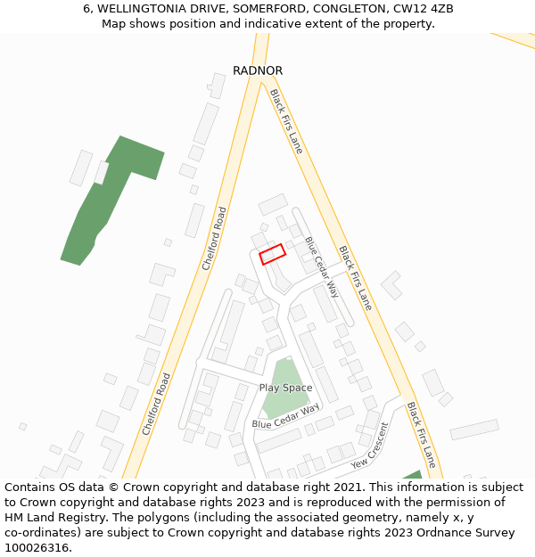 6, WELLINGTONIA DRIVE, SOMERFORD, CONGLETON, CW12 4ZB: Location map and indicative extent of plot