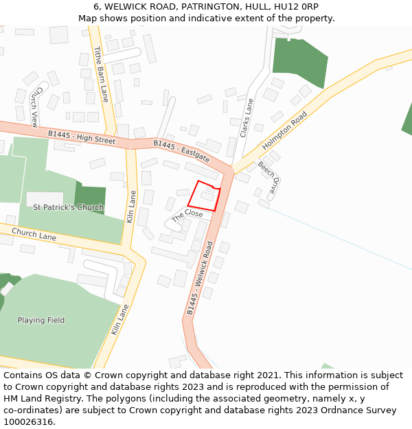 6, WELWICK ROAD, PATRINGTON, HULL, HU12 0RP: Location map and indicative extent of plot