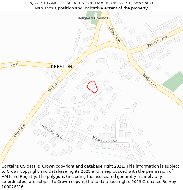 6, WEST LANE CLOSE, KEESTON, HAVERFORDWEST, SA62 6EW: Location map and indicative extent of plot