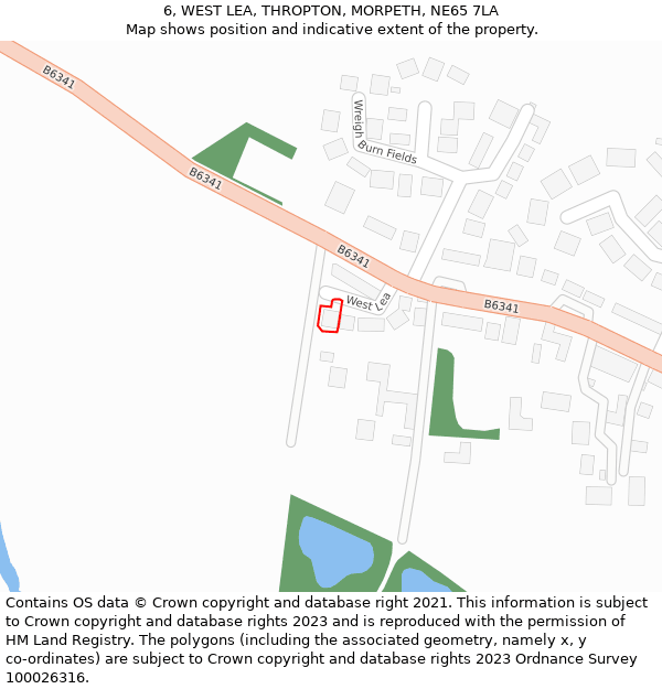 6, WEST LEA, THROPTON, MORPETH, NE65 7LA: Location map and indicative extent of plot