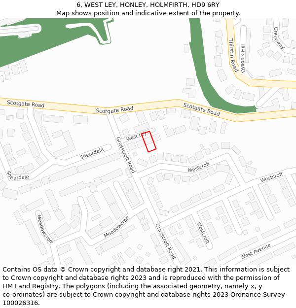 6, WEST LEY, HONLEY, HOLMFIRTH, HD9 6RY: Location map and indicative extent of plot